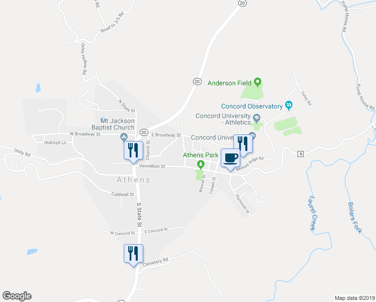 map of restaurants, bars, coffee shops, grocery stores, and more near 115 Burch Street in Athens