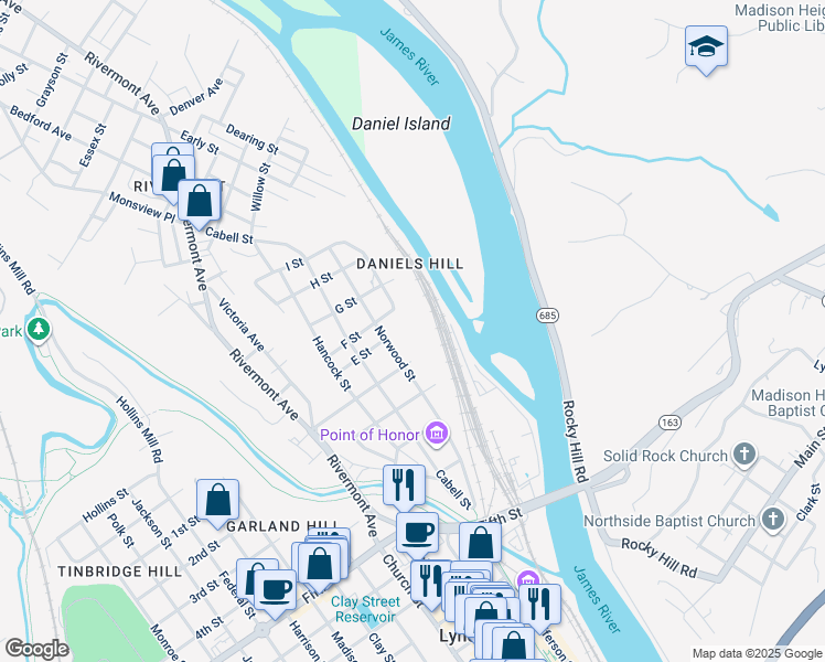 map of restaurants, bars, coffee shops, grocery stores, and more near 416 Jackson Street in Lynchburg