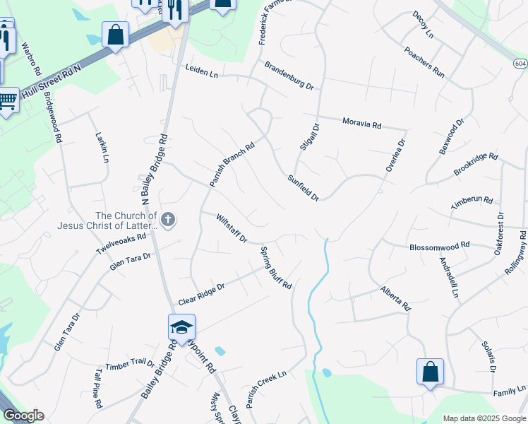 map of restaurants, bars, coffee shops, grocery stores, and more near 4807 Peartree Court in Midlothian