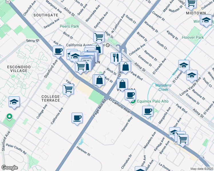 map of restaurants, bars, coffee shops, grocery stores, and more near 435 Sheridan Avenue in Palo Alto