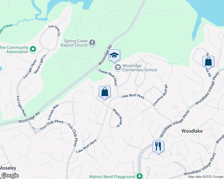 map of restaurants, bars, coffee shops, grocery stores, and more near 5505 Windy Ridge Drive in Midlothian