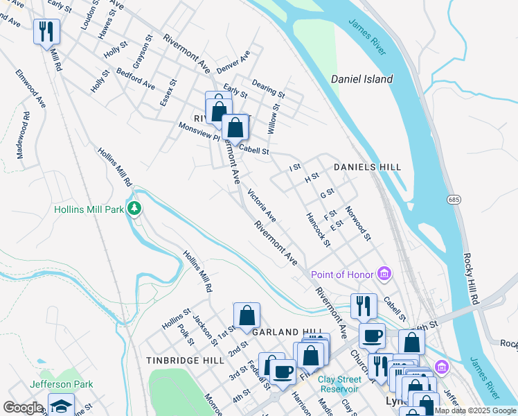 map of restaurants, bars, coffee shops, grocery stores, and more near 815 Victoria Avenue in Lynchburg