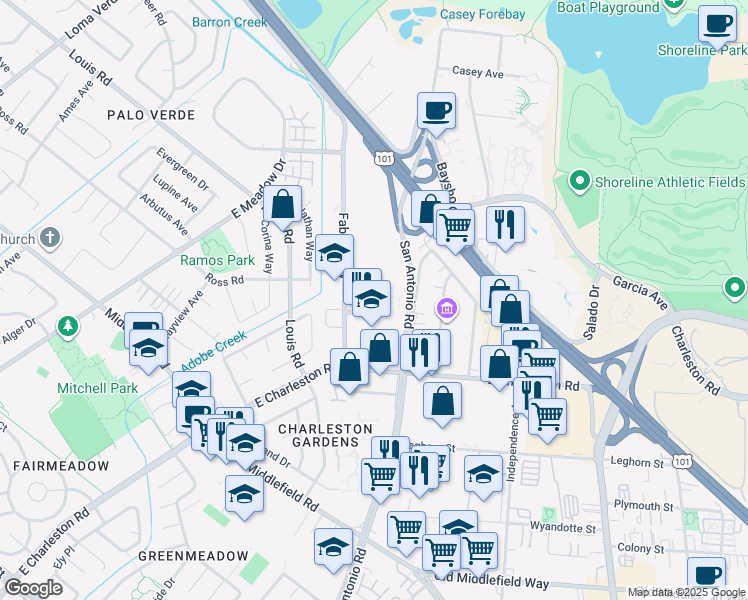 map of restaurants, bars, coffee shops, grocery stores, and more near Altaire Walk in Palo Alto