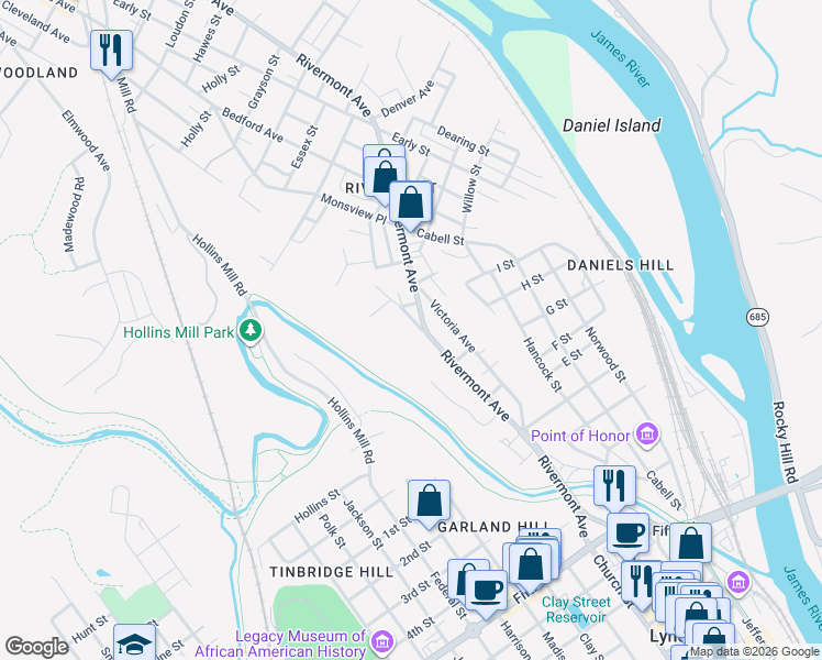 map of restaurants, bars, coffee shops, grocery stores, and more near 857 Belmont Street in Lynchburg