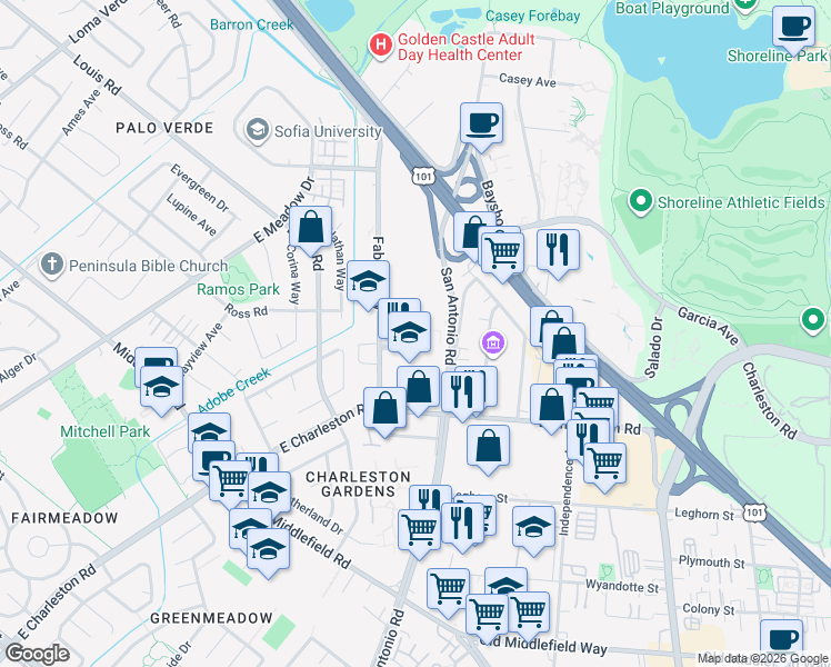 map of restaurants, bars, coffee shops, grocery stores, and more near 866 Altaire Walk in Palo Alto