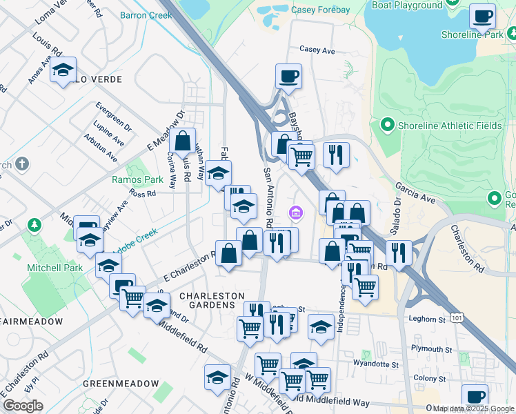 map of restaurants, bars, coffee shops, grocery stores, and more near 996 San Antonio Road in Palo Alto