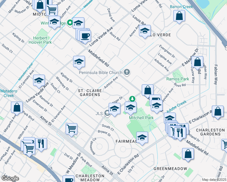 map of restaurants, bars, coffee shops, grocery stores, and more near 3432 Murdoch Drive in Palo Alto