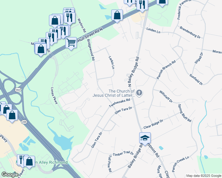 map of restaurants, bars, coffee shops, grocery stores, and more near 4406 Southernbelle Lane in Midlothian