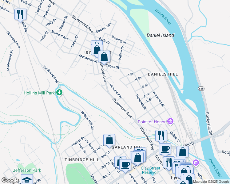map of restaurants, bars, coffee shops, grocery stores, and more near 815 Victoria Avenue in Lynchburg