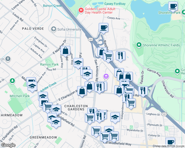 map of restaurants, bars, coffee shops, grocery stores, and more near 996 San Antonio Road in Palo Alto