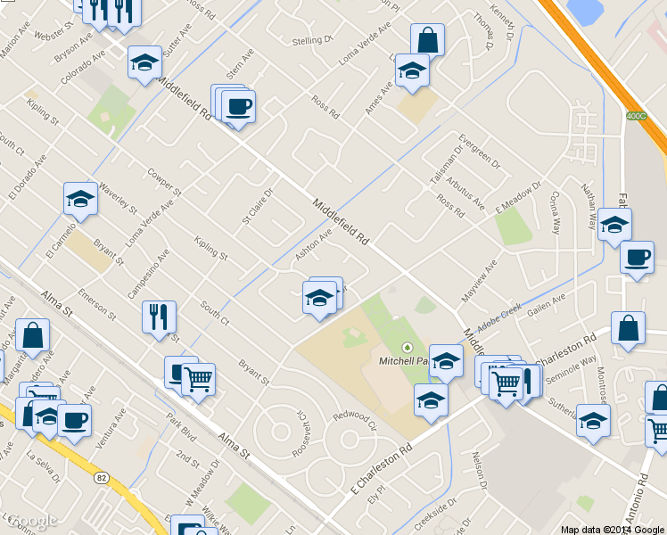 map of restaurants, bars, coffee shops, grocery stores, and more near 3432 Murdoch Drive in Palo Alto