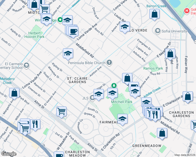 map of restaurants, bars, coffee shops, grocery stores, and more near 3432 Murdoch Drive in Palo Alto