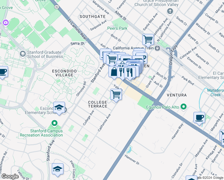 map of restaurants, bars, coffee shops, grocery stores, and more near 2257 Yale Street in Palo Alto