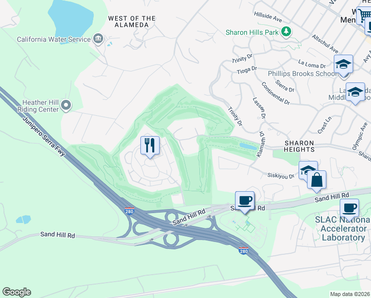 map of restaurants, bars, coffee shops, grocery stores, and more near 1256 Sharon Park Drive in Menlo Park
