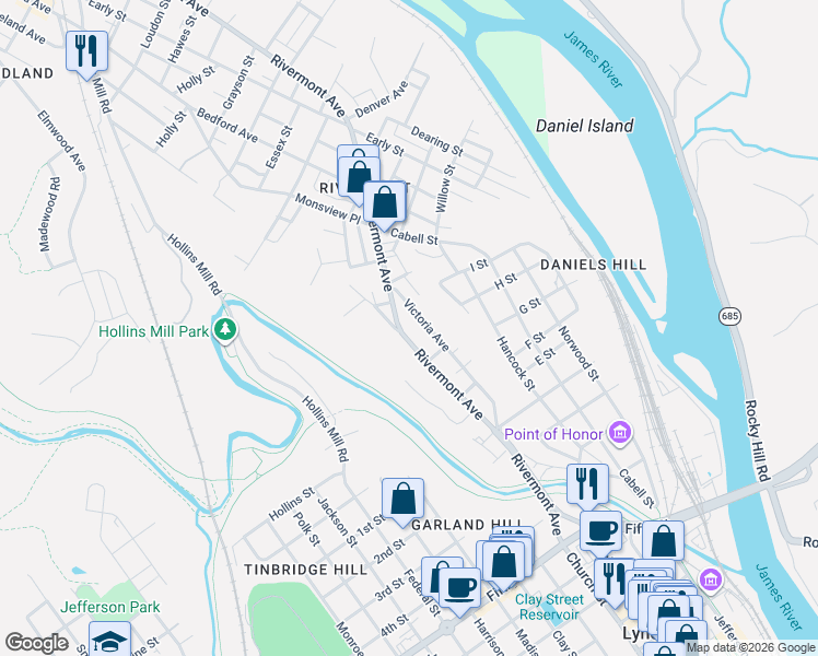 map of restaurants, bars, coffee shops, grocery stores, and more near 831 Victoria Avenue in Lynchburg