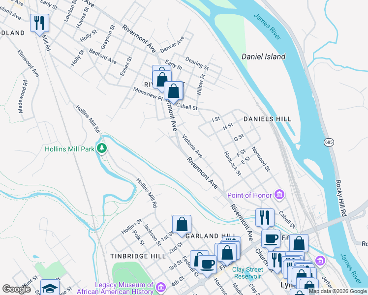 map of restaurants, bars, coffee shops, grocery stores, and more near 831 Victoria Avenue in Lynchburg