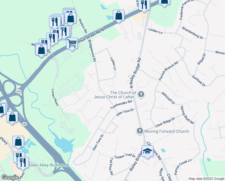 map of restaurants, bars, coffee shops, grocery stores, and more near 4406 Southernbelle Lane in Midlothian