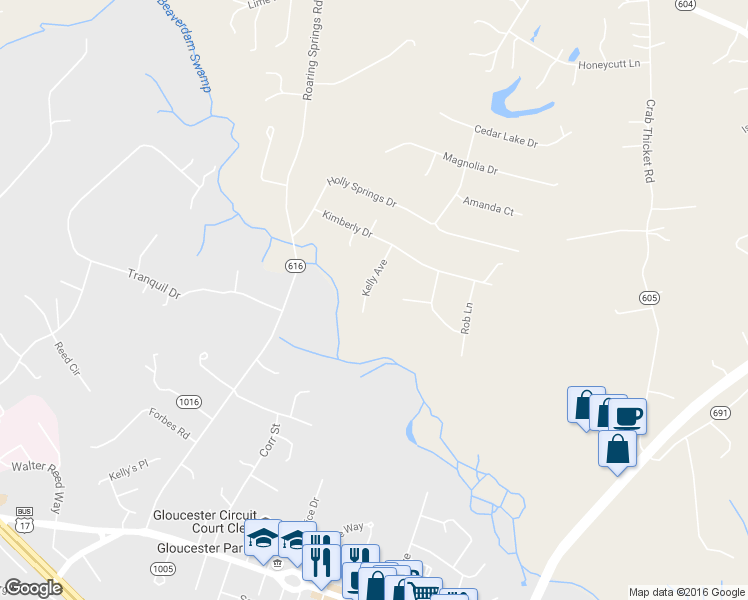 map of restaurants, bars, coffee shops, grocery stores, and more near 7711 Kelly Avenue in Gloucester Courthouse
