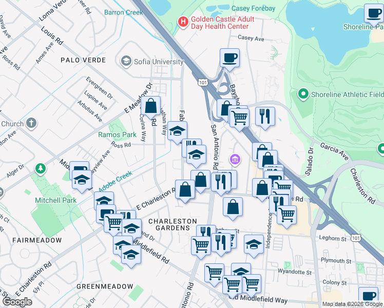 map of restaurants, bars, coffee shops, grocery stores, and more near 836 Altaire Walk in Palo Alto