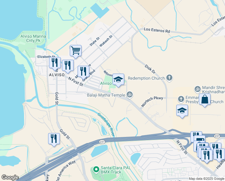 map of restaurants, bars, coffee shops, grocery stores, and more near 5040 North 1st Street in San Jose