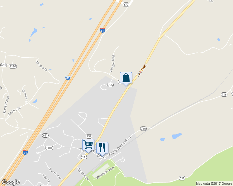map of restaurants, bars, coffee shops, grocery stores, and more near 5943 Lee Highway in Troutville