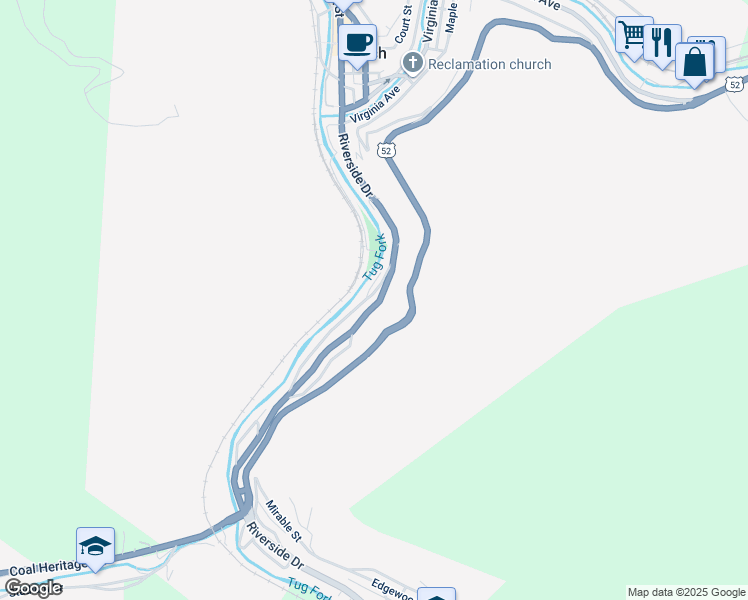 map of restaurants, bars, coffee shops, grocery stores, and more near Riverside Dr in Welch