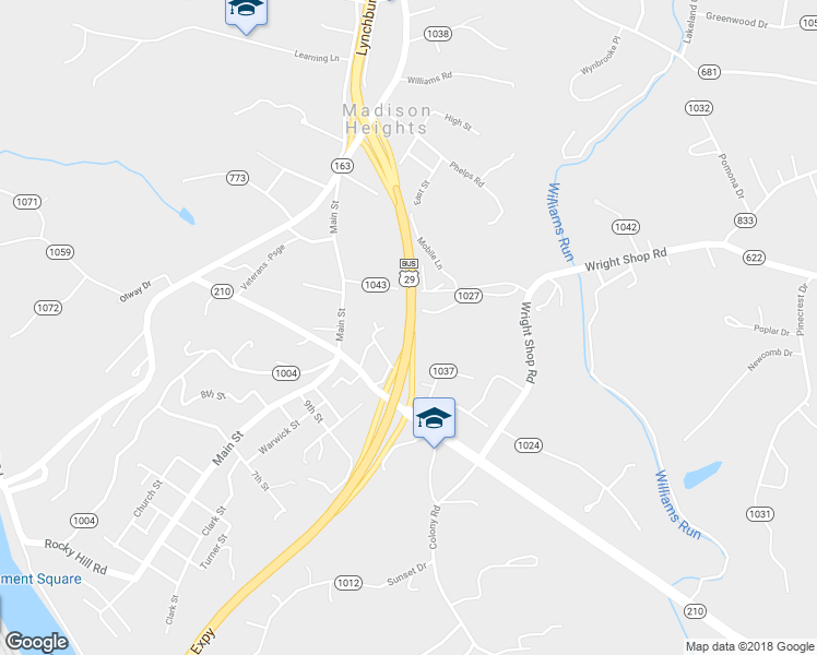 map of restaurants, bars, coffee shops, grocery stores, and more near Lynchburg Expressway in Madison Heights