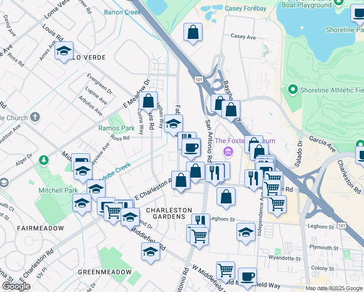 map of restaurants, bars, coffee shops, grocery stores, and more near 3895 Fabian Way in Palo Alto