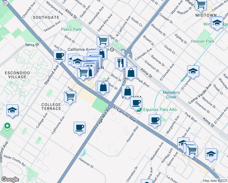 map of restaurants, bars, coffee shops, grocery stores, and more near 435 Sheridan Avenue in Palo Alto