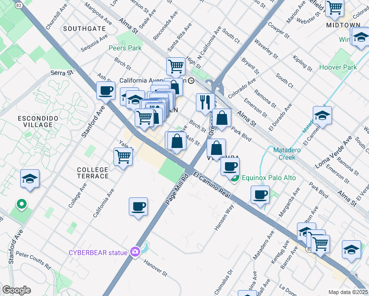 map of restaurants, bars, coffee shops, grocery stores, and more near 410 Sheridan Avenue in Palo Alto