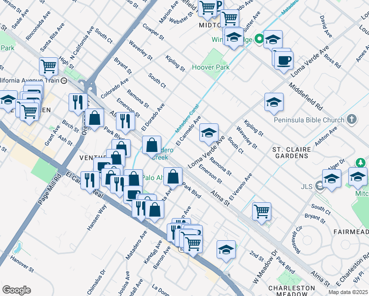 map of restaurants, bars, coffee shops, grocery stores, and more near 270 El Carmelo Avenue in Palo Alto