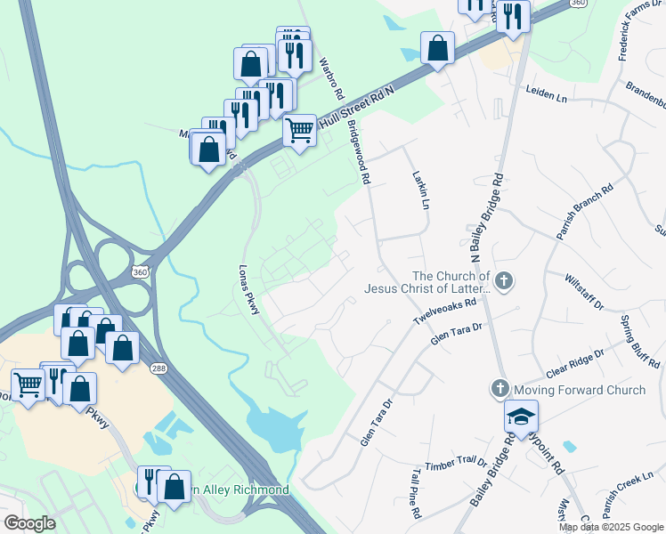 map of restaurants, bars, coffee shops, grocery stores, and more near 4202 Fort Sumter Court in Midlothian