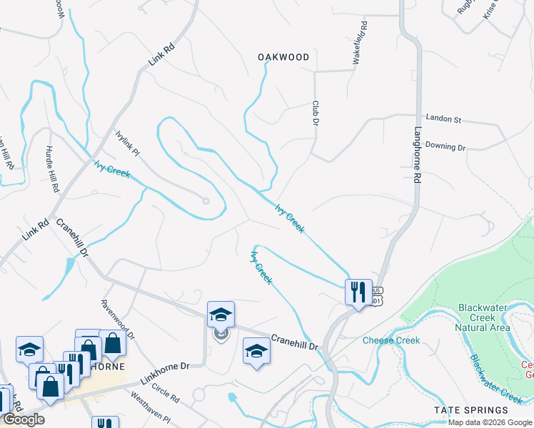 map of restaurants, bars, coffee shops, grocery stores, and more near 1545 Club Drive in Lynchburg