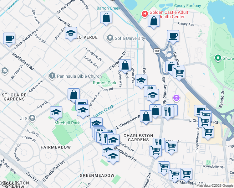 map of restaurants, bars, coffee shops, grocery stores, and more near 3866 Corina Way in Palo Alto