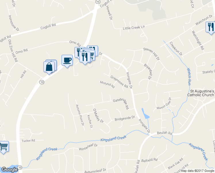 map of restaurants, bars, coffee shops, grocery stores, and more near 5411 Mistyhill Road in Richmond