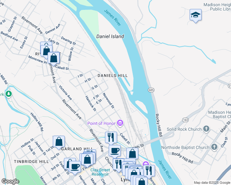 map of restaurants, bars, coffee shops, grocery stores, and more near 420 Jackson Street in Lynchburg