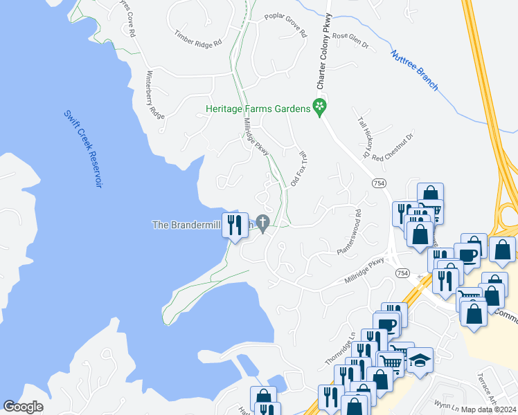 map of restaurants, bars, coffee shops, grocery stores, and more near 13532 Heathbrook Terrace in Midlothian