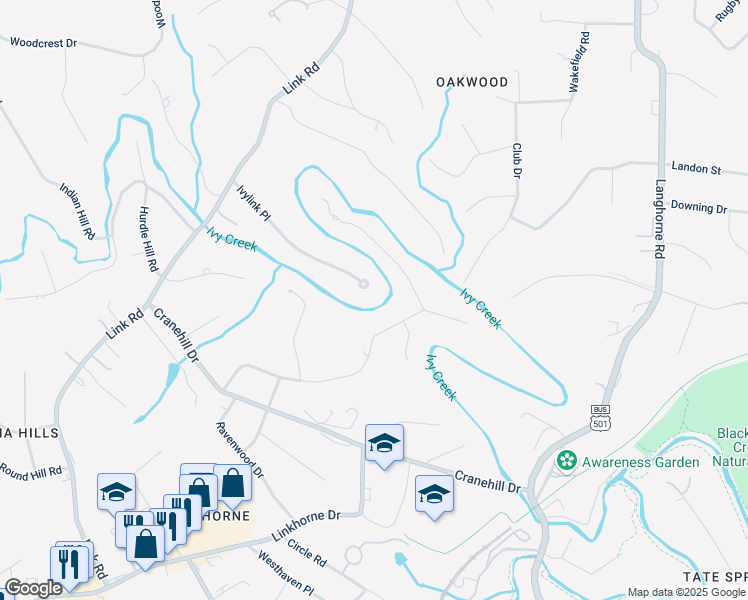 map of restaurants, bars, coffee shops, grocery stores, and more near 3401 Ivylink Place in Lynchburg