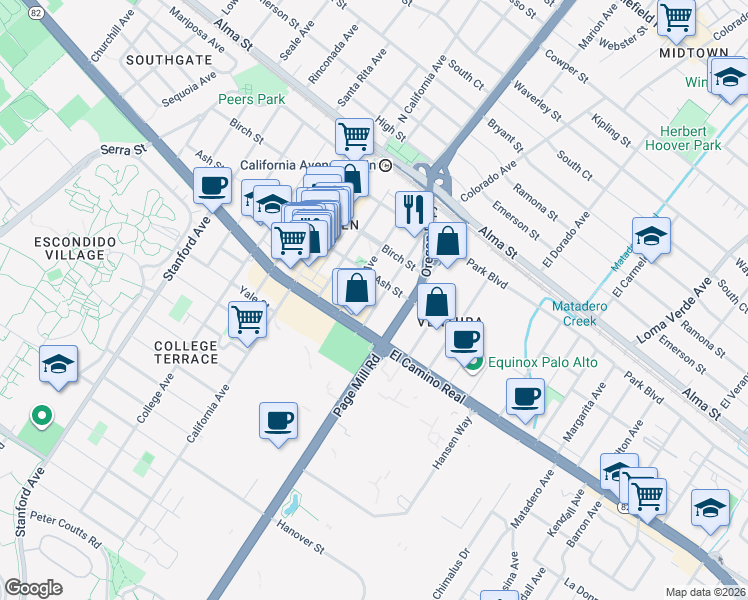 map of restaurants, bars, coffee shops, grocery stores, and more near 410 Sheridan Avenue in Palo Alto
