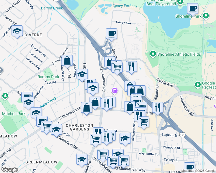 map of restaurants, bars, coffee shops, grocery stores, and more near 996 San Antonio Road in Palo Alto