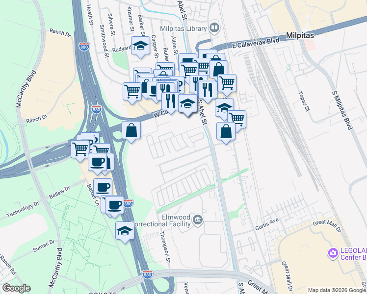 map of restaurants, bars, coffee shops, grocery stores, and more near 366 San Petra Court in Milpitas