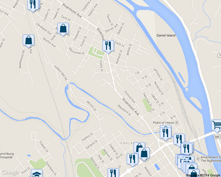 map of restaurants, bars, coffee shops, grocery stores, and more near 847 Belmont Street in Lynchburg