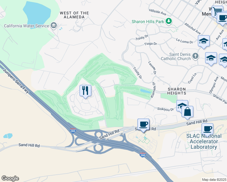 map of restaurants, bars, coffee shops, grocery stores, and more near 1100 Sharon Park Drive in Menlo Park