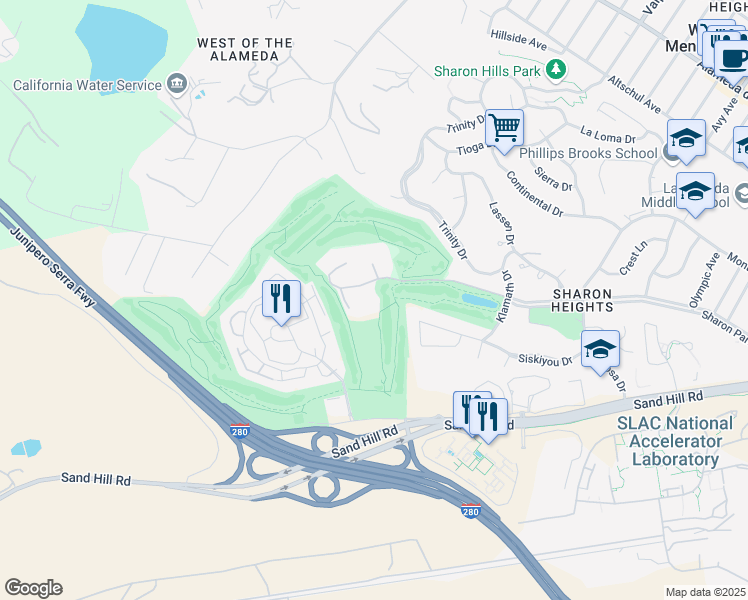 map of restaurants, bars, coffee shops, grocery stores, and more near 1100 Sharon Park Drive in Menlo Park