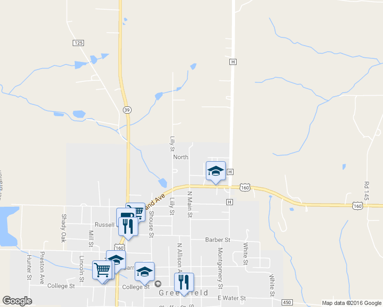 map of restaurants, bars, coffee shops, grocery stores, and more near 502 North Main Street in Greenfield