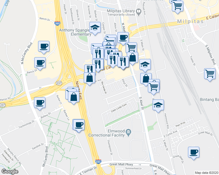 map of restaurants, bars, coffee shops, grocery stores, and more near 3082 Junipero Drive in Milpitas