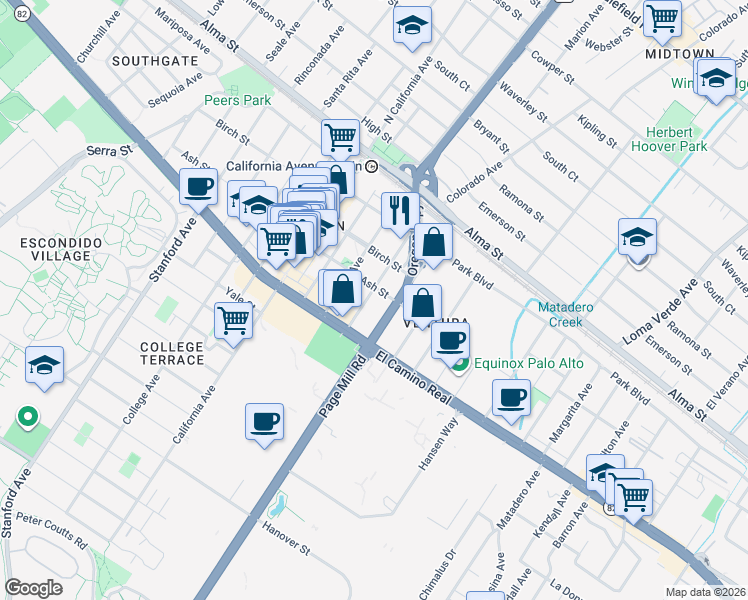 map of restaurants, bars, coffee shops, grocery stores, and more near 404 Sheridan Avenue in Palo Alto
