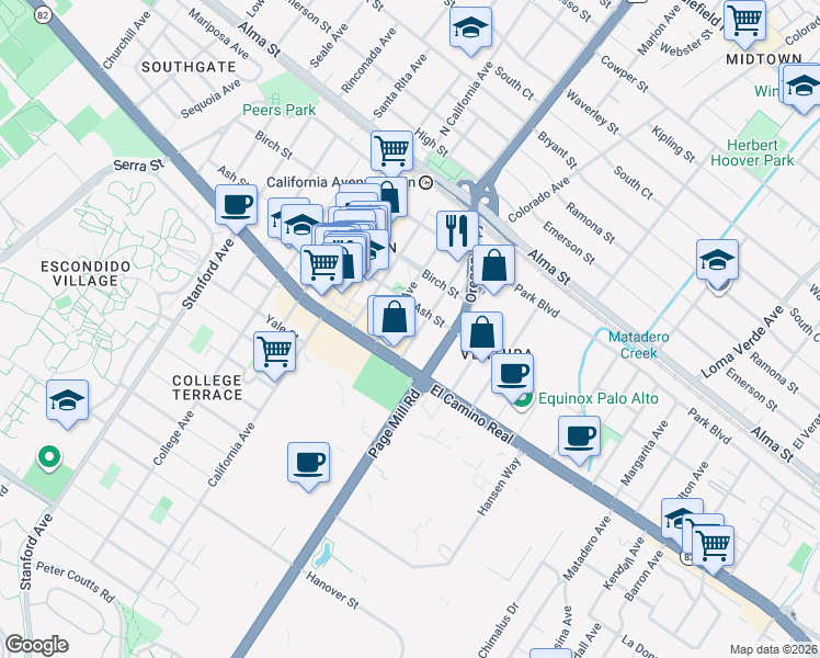 map of restaurants, bars, coffee shops, grocery stores, and more near 404 Sheridan Avenue in Palo Alto
