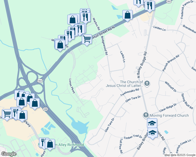 map of restaurants, bars, coffee shops, grocery stores, and more near 4202 Fort Sumter Court in Midlothian