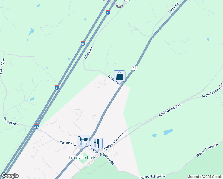 map of restaurants, bars, coffee shops, grocery stores, and more near 5943 Lee Highway in Troutville